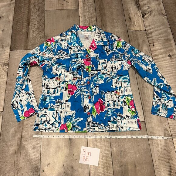 Susan Graver Jackets & Blazers - Susan Graver Women Blue Pink Tropical City Scape Collar Blouse Jacket 8 BE